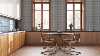 Modern japandi kitchen and dining room in white and blue tones. Cabinets and dining table with chairs, parquet floor. Farmhouse interior design