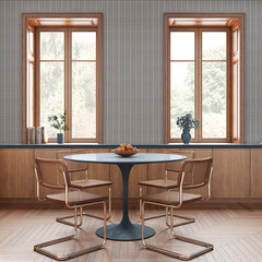 Farmhouse wooden kitchen with dining room in white and blue tones. Cabinets and table with chair. Wallpaper and parquet floor. Suburban interior design