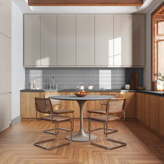 Wooden kitchen and dining room in white and gray tones. Cabinets and table with chair. Wallpaper and parquet floor. Farmhouse interior design