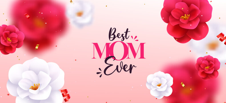 Mother's day vector design background. Mother's day best mom ever text with camellia and rose flower elements for international celebration. Vector Illustration.
