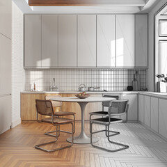 Architect interior designer concept: hand-drawn draft unfinished project that becomes real, wooden kitchen and dining room. Cabinets and table with chair. Farmhouse style