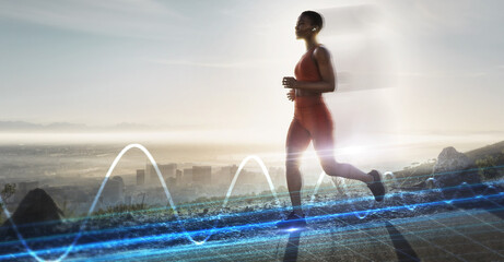 Heart rate hologram, running and black woman on mountains with healthy breath technology. Digital...