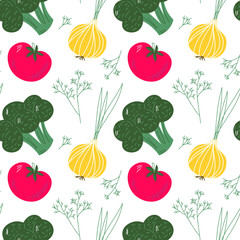 Seamless pattern with hand drawn red and green vegetables. Flat tomato, broccoli. Vegetarian healthy food vector texture. Vegan, farm, organic, detox EPS