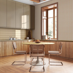 Contemporary wooden kitchen and dining room in white and yellow tones. Cabinets and parquet floor. Table with chairs. Farmhouse interior design