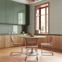 Contemporary wooden kitchen and dining room in white and green tones. Cabinets and parquet floor. Table with chairs. Farmhouse interior design