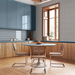 Contemporary wooden kitchen and dining room in white and blue tones. Cabinets and parquet floor. Table with chairs. Farmhouse interior design
