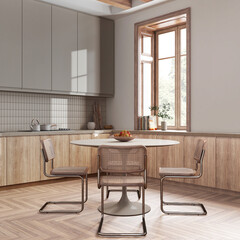 Contemporary wooden kitchen and dining room in white and bleached tones. Cabinets and parquet floor. Table with chairs. Farmhouse interior design