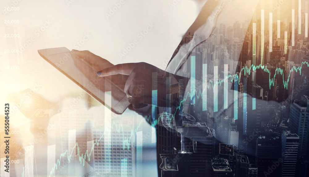 Aufkleber tablet, overlay or hands trading on stock market or typing a data analysis strategy for financial in
