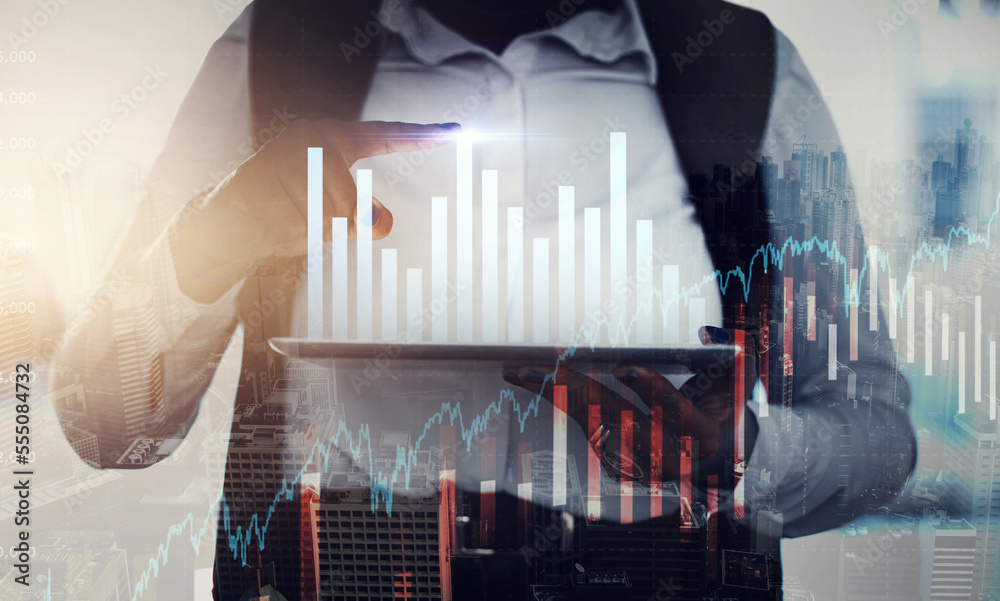 Poster tablet, overlay or hands trading on stock market chart for financial investment increase or money gr
