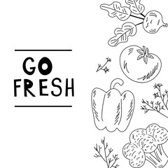 Vegetables food hand drawn line banner. Text Go Fresh. Healthy meal, diet, nutrition or lifestyle. Organic food restaurant and support farmers market concept. EPS