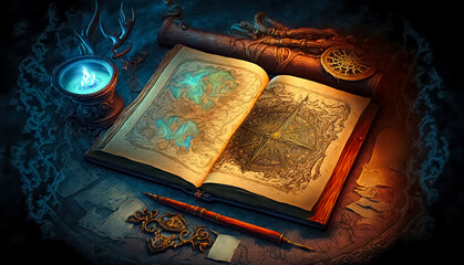 Fantasy background with ancient magic book and map - obrazy, fototapety, plakaty
