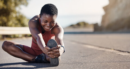 Black woman runner, stretching and street with smile, focus and ready for exercise, training or...