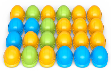 Set of safety helmets or hard caps for carpentry work in row on white background