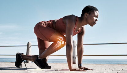 Black woman, fitness and runner with knee x ray in sports training, workout or exercise in the...
