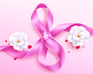 Happy mother's day vector design. Mother's day march 8 international celebration with number eight pink ribbon and flowers for invitation card. Vector Illustration.
