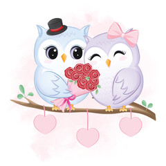 Cute Couple Owl and heart valentine's day concept