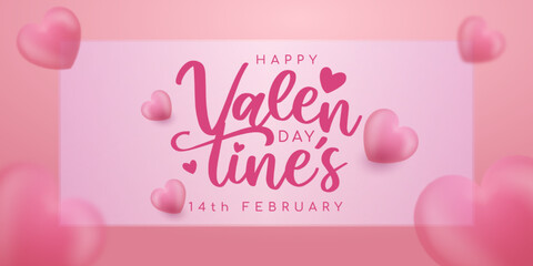 Fototapeta na wymiar Realistic banner valentine's day with 3d heart shaped on square glass background