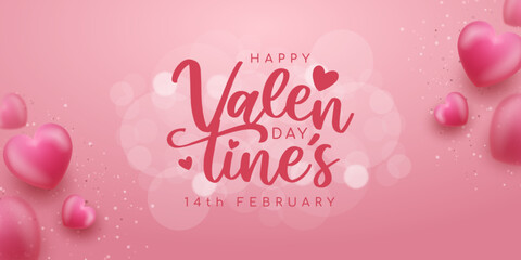 Fototapeta na wymiar Valentine's day frame with lettering with 3d love on pink background