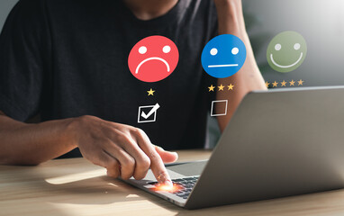 Unhappy man customer giving sadness emotion face on online survey. Customer Experience dissatisfied Concept.  Bad review, bad service dislike bad quality, low rating, social media not good. - obrazy, fototapety, plakaty