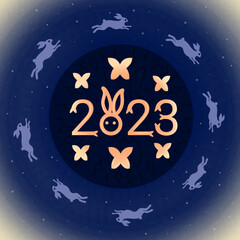 Happy new year 2023, rabbit gradient dark blue background. chinese new year 2023. the year of the rabbit