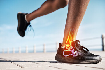 Running shoes, legs or skeleton bone glow in workout, training or exercise with anatomy pain, body stress or joint burnout. Zoom, runner or sports woman with ankle injury and 3d futuristic abstract - obrazy, fototapety, plakaty