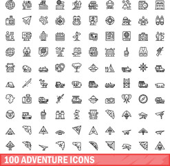 100 adventure icons set. Outline illustration of 100 adventure icons vector set isolated on white background