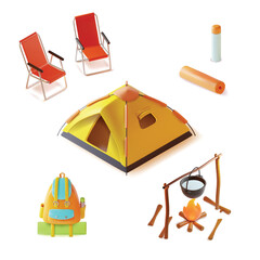 3d Go Camping Concept Elements Plasticine Cartoon Style Include of Camp Marquee, Folding Camp Chair Set, Pot over Bonfire and Backpack. Vector illustration