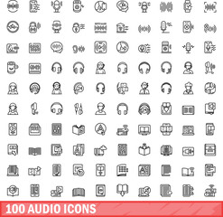 100 audio icons set. Outline illustration of 100 audio icons vector set isolated on white background