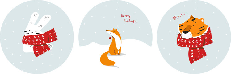 New Year's cute hare, fox and tiger in a scarf. For stickers, postcards and posters. Happy Holidays.