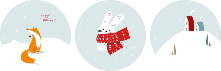 New Year's cute hare, fox and tiger in a scarf. For stickers, postcards and posters. Happy Holidays.