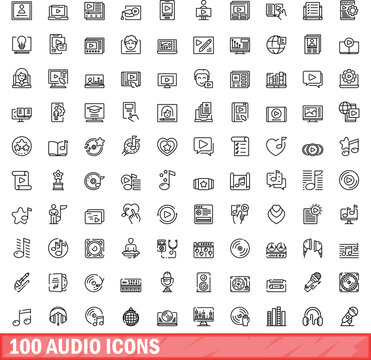 100 audio icons set. Outline illustration of 100 audio icons vector set isolated on white background