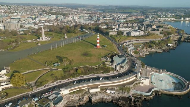 Aerial, approaching Plymouth Hoe in Devon, UK.