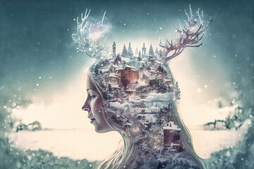 Double Exposure Dopplbelichtung Frau Portrait Landschaft Weihnachtliche Stimmung Festlich AI Digital Art Illustration Generative AI © Korea Saii