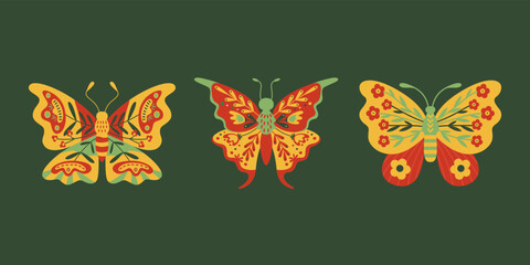 Vector folk art butterflies set isolated on a dark background