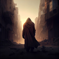 Nomad after the bomb - A nomad man walks through the streets of a deserted city