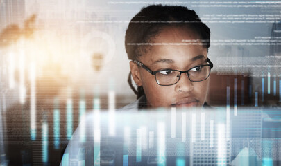 Stock market graphic, cyber security overlay and business woman working and thinking about data. Black woman, fintech and financial employee busy with accounting, invest innovation and website