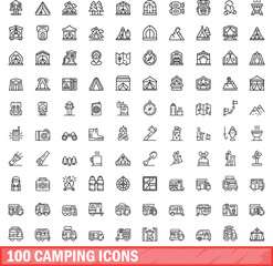 100 camping icons set. Outline illustration of 100 camping icons vector set isolated on white background
