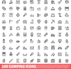 100 camping icons set. Outline illustration of 100 camping icons vector set isolated on white background