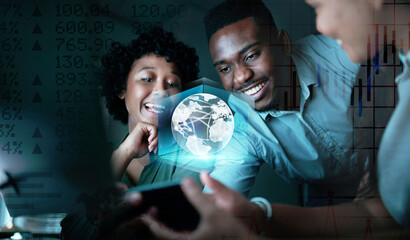 Overlay, phone or group of people on social media for global news or fun online content at night at work. Holographic, world map or happy employees with wifi or internet connection on digital website