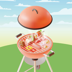 3d Barbeque Party Invitation Placard Empty Mockup Template with Round Bbq Grill Plasticine Cartoon Style . Vector illustration