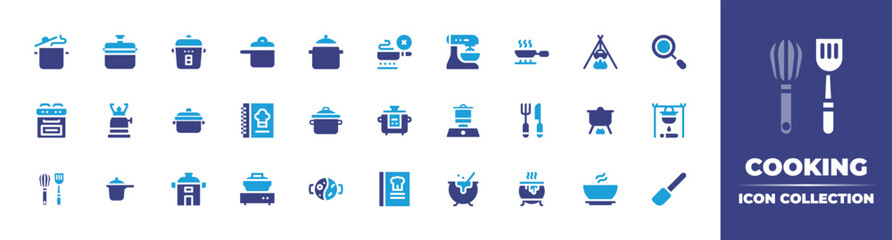 Cooking icon collection. Vector illustration. Containing cooking pot, no cooking, electric mixer, frying pan, fire, cooking stove, cooking gas, cook book, robot, cooking time, cutlery, cook, and more.