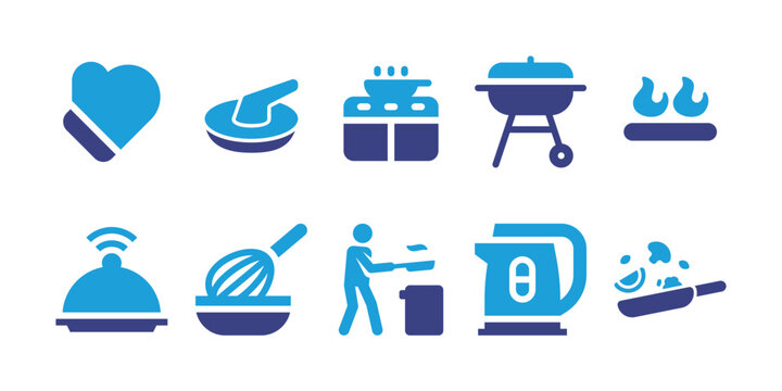 Cooking icon set. Vector illustration. Containing gloves, grinder, kitchen pack, barbacue, fire, salver, baking, cook, electric kettle, frying pan