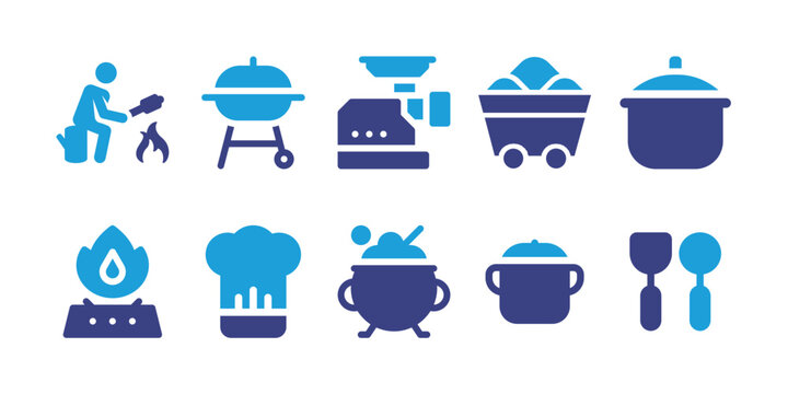 Cooking icon set. Vector illustration. Containing cooking, barbecue, meat grinder, coal, kitchen pack, gas stove, chef hat, cauldron, pot, kitchenware