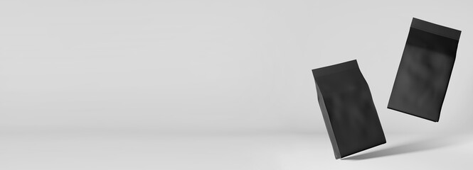 Floating black pouch bags coffee beans branding 3D rendering. Merchandise packaging logo design promo. Blank foil tea food product pack levitating template. Shop delivery sale discount demo banner.
