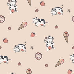 cute seamless pattern with cartoon cow, donut and ice cream