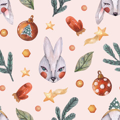  Watercolor bunny faces seamless pattern with Christmas tree branches and decorations. Hand drawn rabbit portraits fabric design