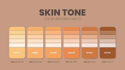 Color palette in Skin Tone colour theme collections. Color inspiration or colour chart with codes template. Color combination set of RGB. Colors swatch for graphic design, art, fashion, or website.