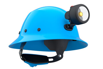 Blue safety helmet or hard cap with flashlight isolated on wihte background