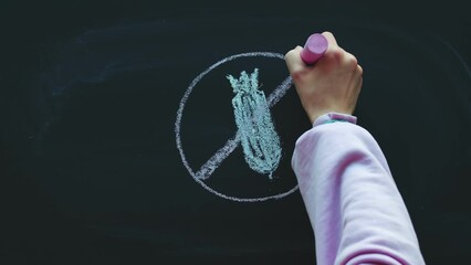 Anti-war protest. Timelapse, a close-up of a child's hand drawing a crossed-out bomb with chalk on a blackboard and writing say no to war