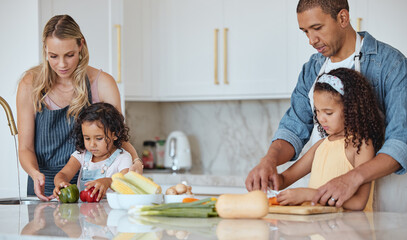 Cooking, family and kitchen learning of a girl with mother and dad with love and parent support. Interracial, teaching and vegetables in a house with children and parents making health and diet food - obrazy, fototapety, plakaty